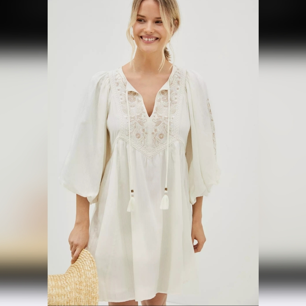 Anthropologie Viveka Embroidered Lace Mini Dress Cream Ivory Gauze 1X